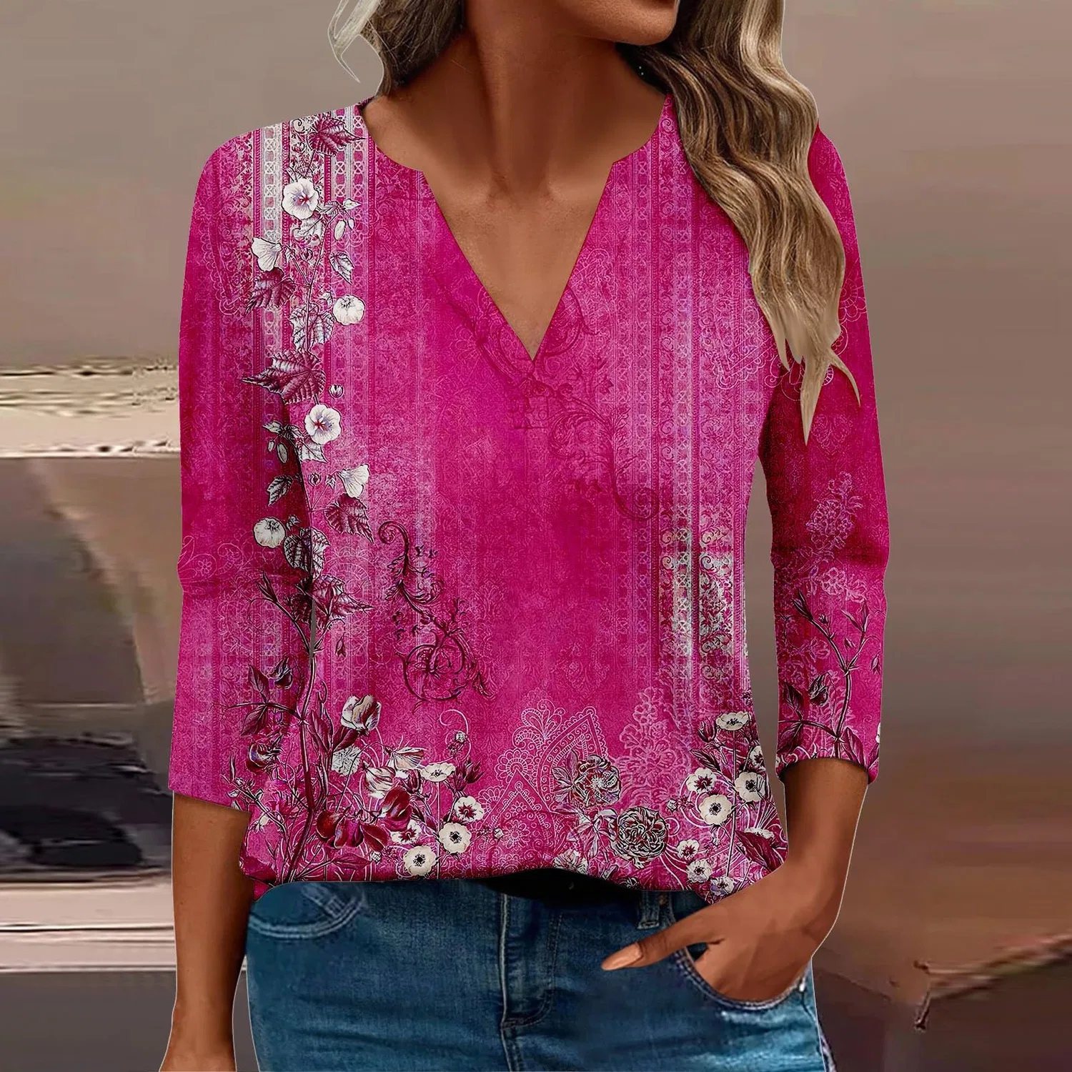 Женская блуза с принтом Women Blouses 3/4 Sleeve V Neck Casual Elegant Summer Boho Floral Print Blouses, 37#rosa — фото 2