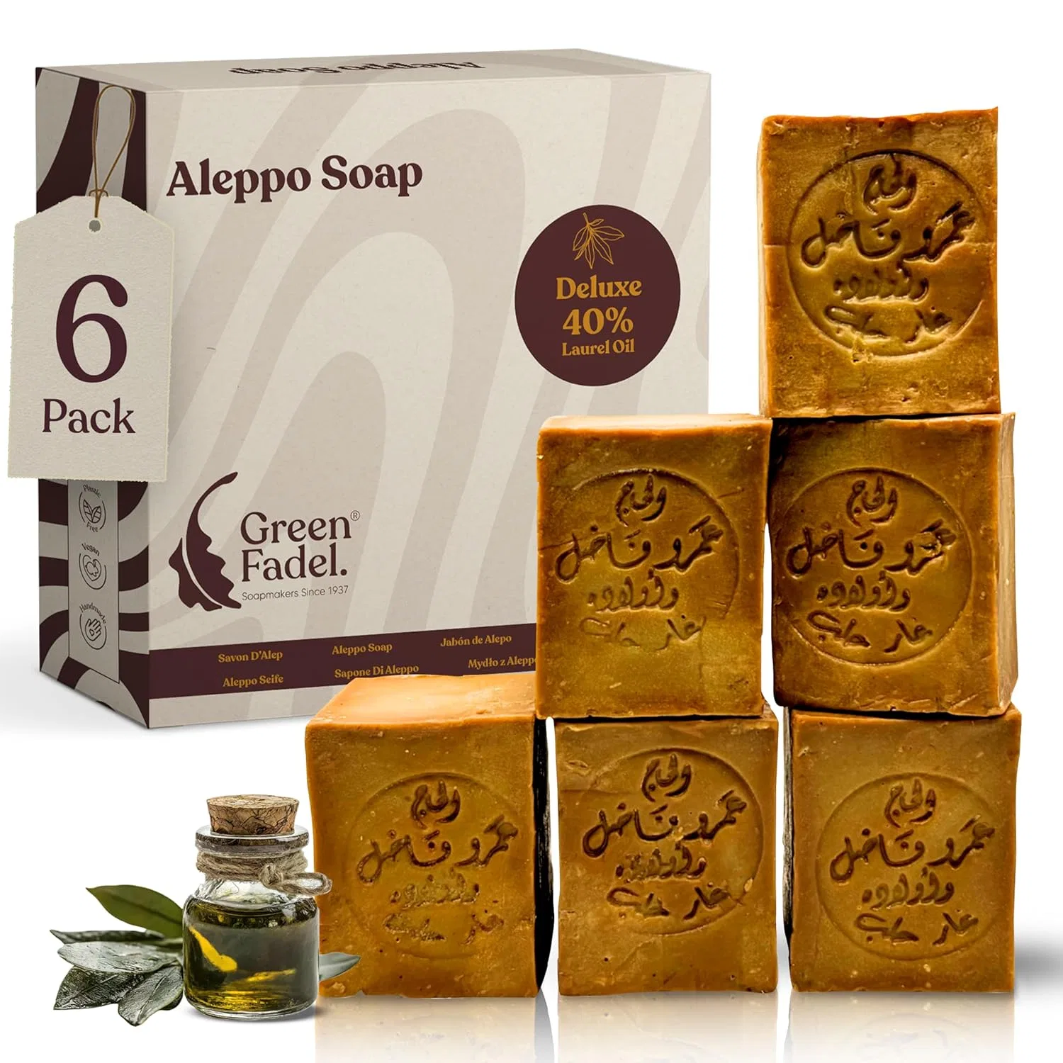 Твердое мыло Aleppo Original Soap 40% Laurel Oil, Green Fadel, набор 6 шт, 200 г