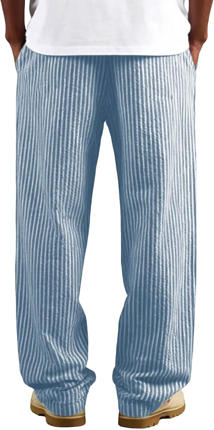 Мужские летние брюки прямого кроя с принтом, Cotton Linen Striped Beach Pants, синий — фото 4