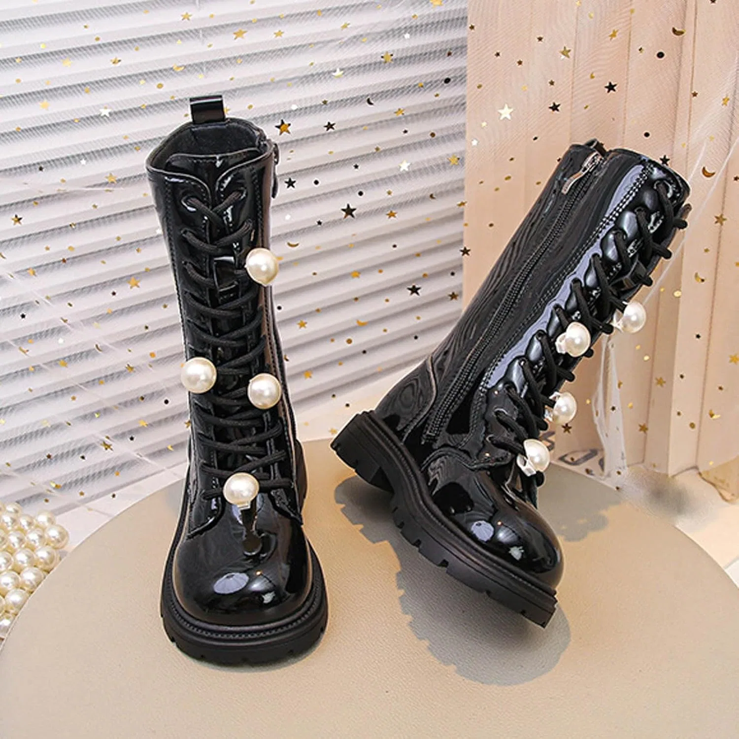 Детские ботинки для девочек с жемчугом Combat Boots Zzalalana, Black — фото 2