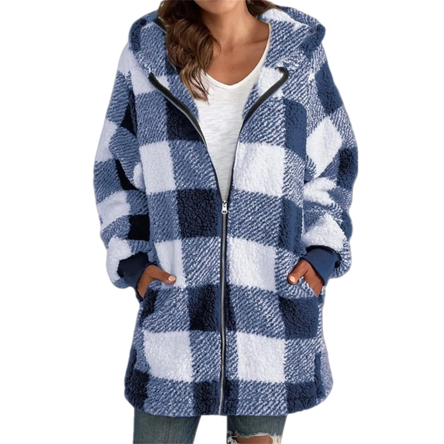 Женское пальто oversize с капюшоном, клетчатое, с флисовой подкладкой, Blu