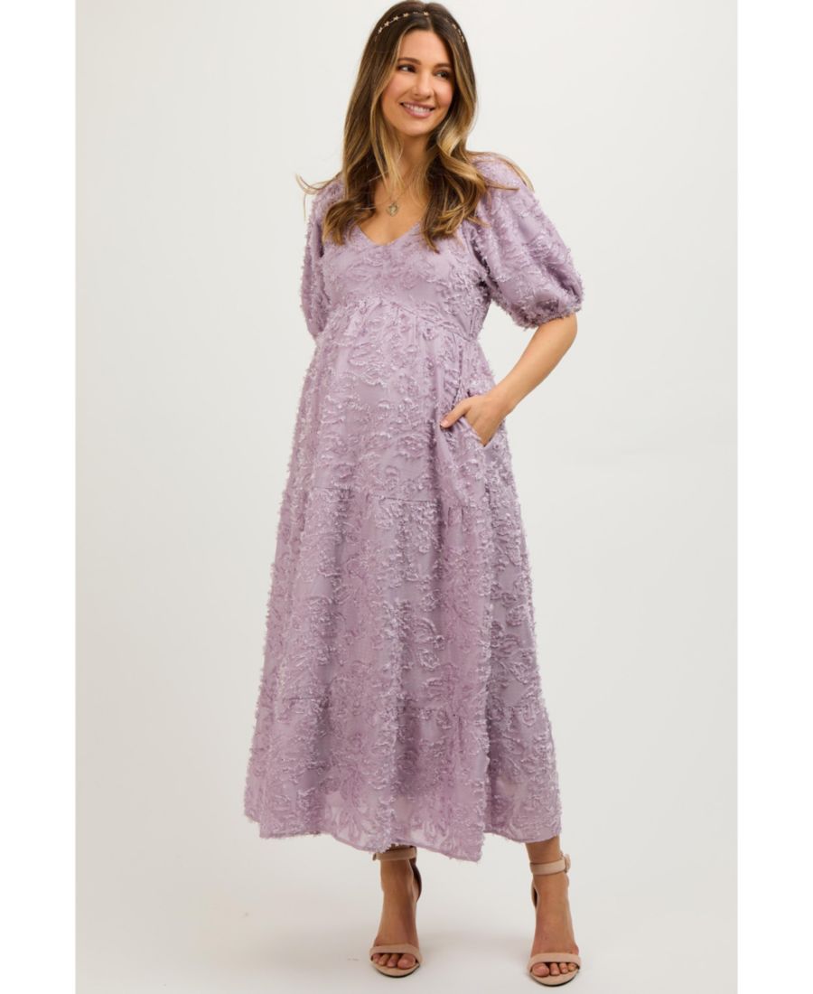 

Платье миди для беременных лавандового цвета с бахромой и текстурированными короткими рукавами-фонариками Pinkblush, Lavender