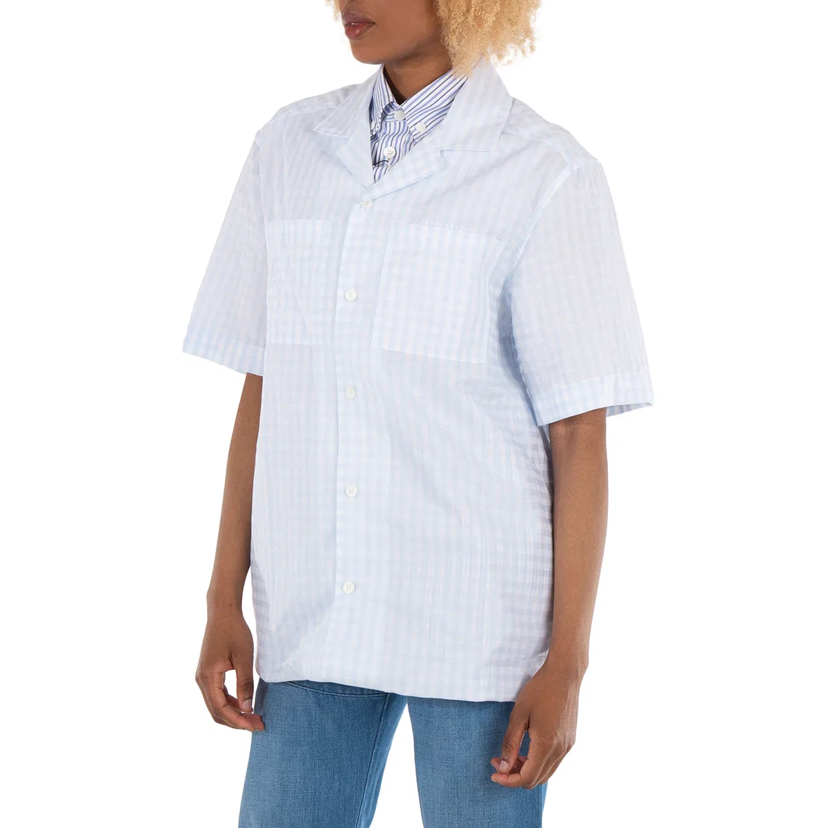 Рубашка оверсайз с принтом в клетку Gingham Check Print Oversized Shirt Burberry, Pale Blue — фото 3