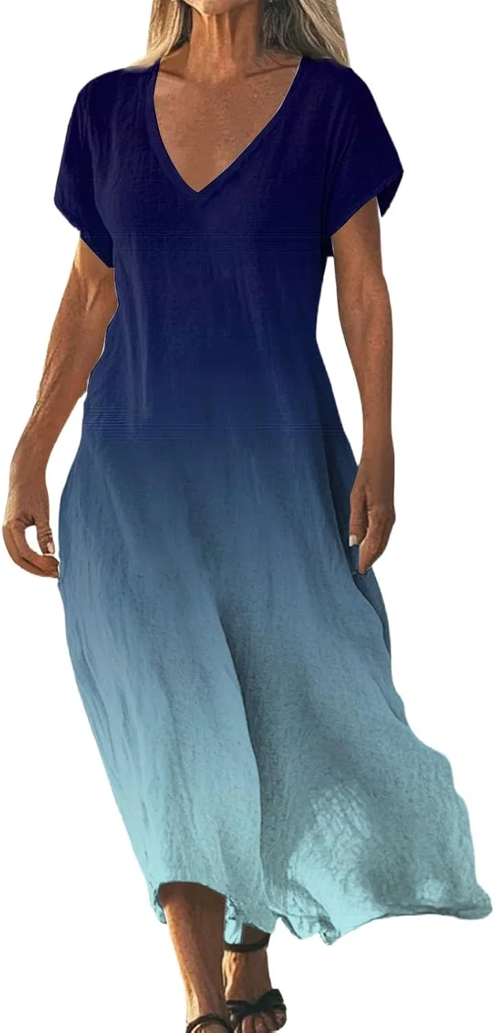 Женское летнее платье макси с V-образным вырезом Cotton Linen, Light Blue