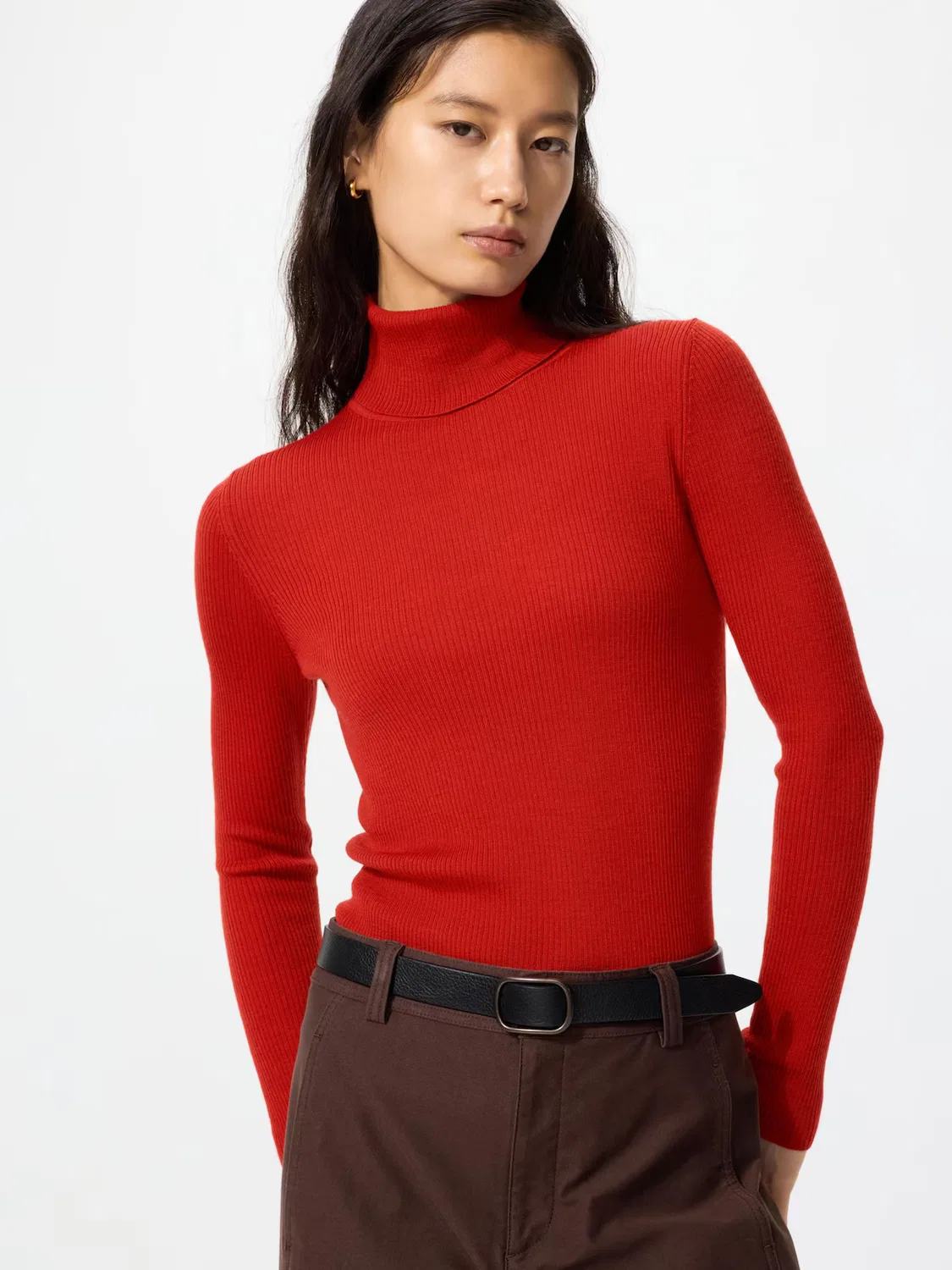 Свитер Uniqlo, из мериносовой шерсти в рубчик, красный