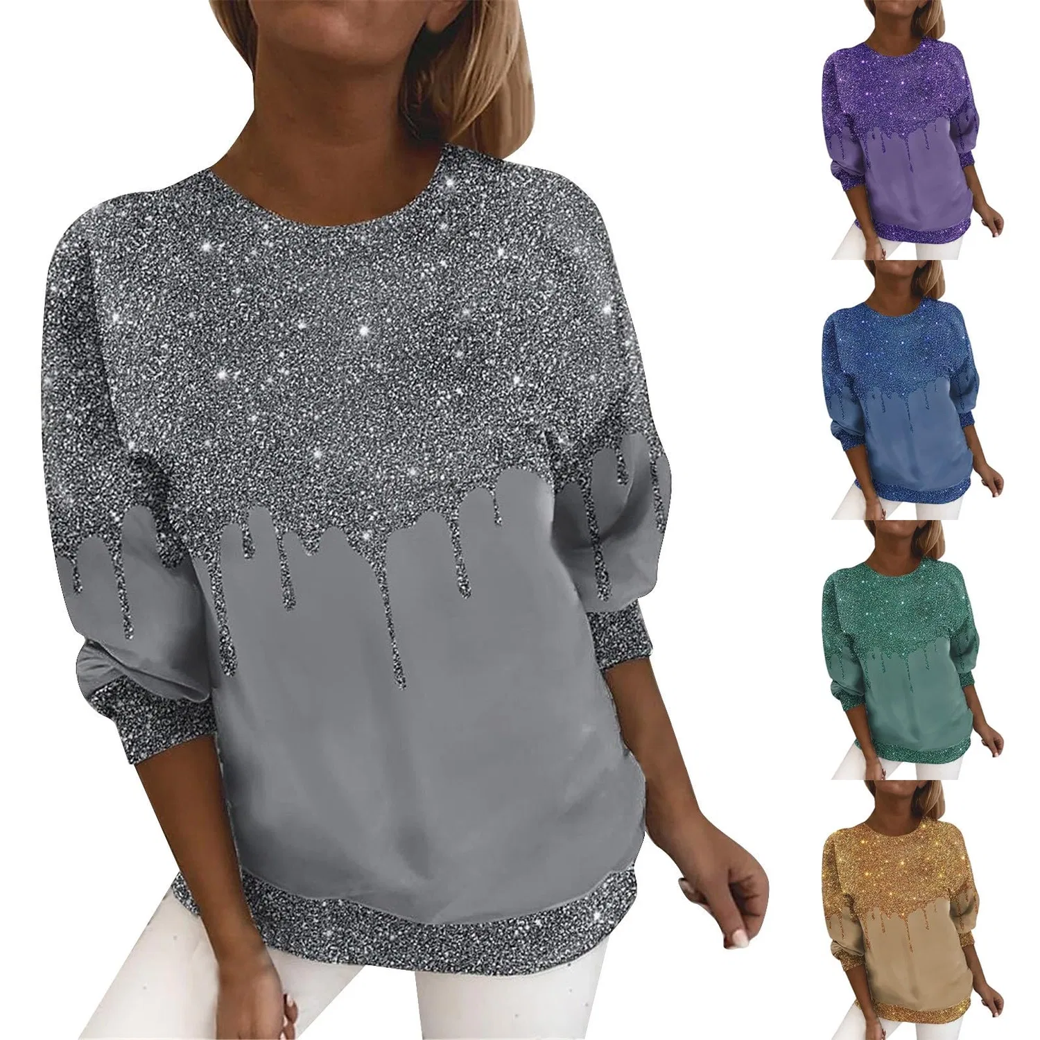 Женский блестящий свитшот с пайетками с длинным рукавом, Z01-silver