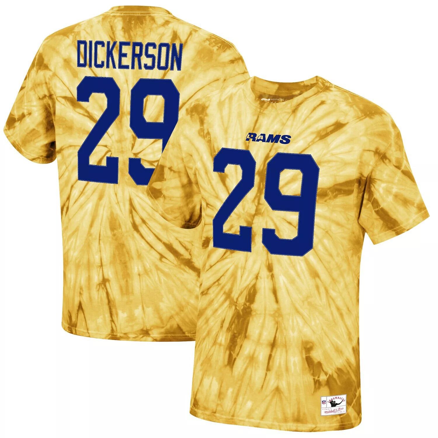 

Мужская футболка Mitchell & Ness Eric Dickerson Gold Los Angeles Rams Tie-Dye с именем и номером игрока в отставке