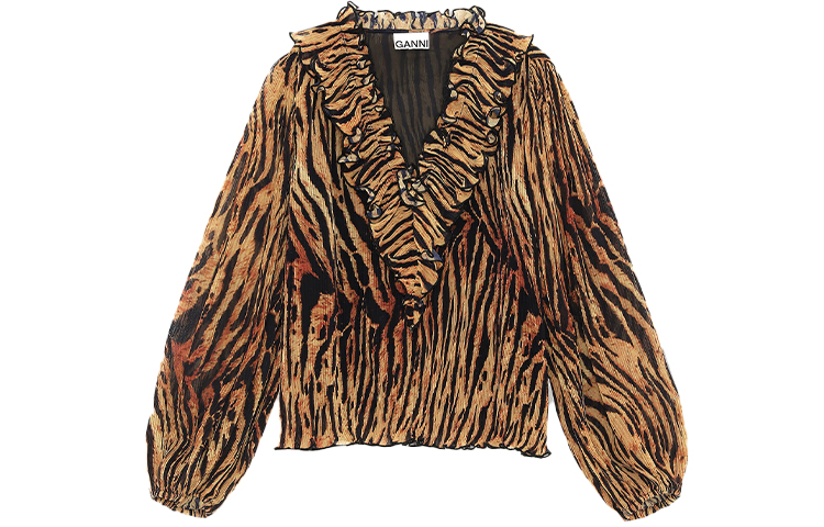 

Плиссированная блузка с V-образным вырезом и рюшами 'Tiger's Eye' GANNI, коричневый