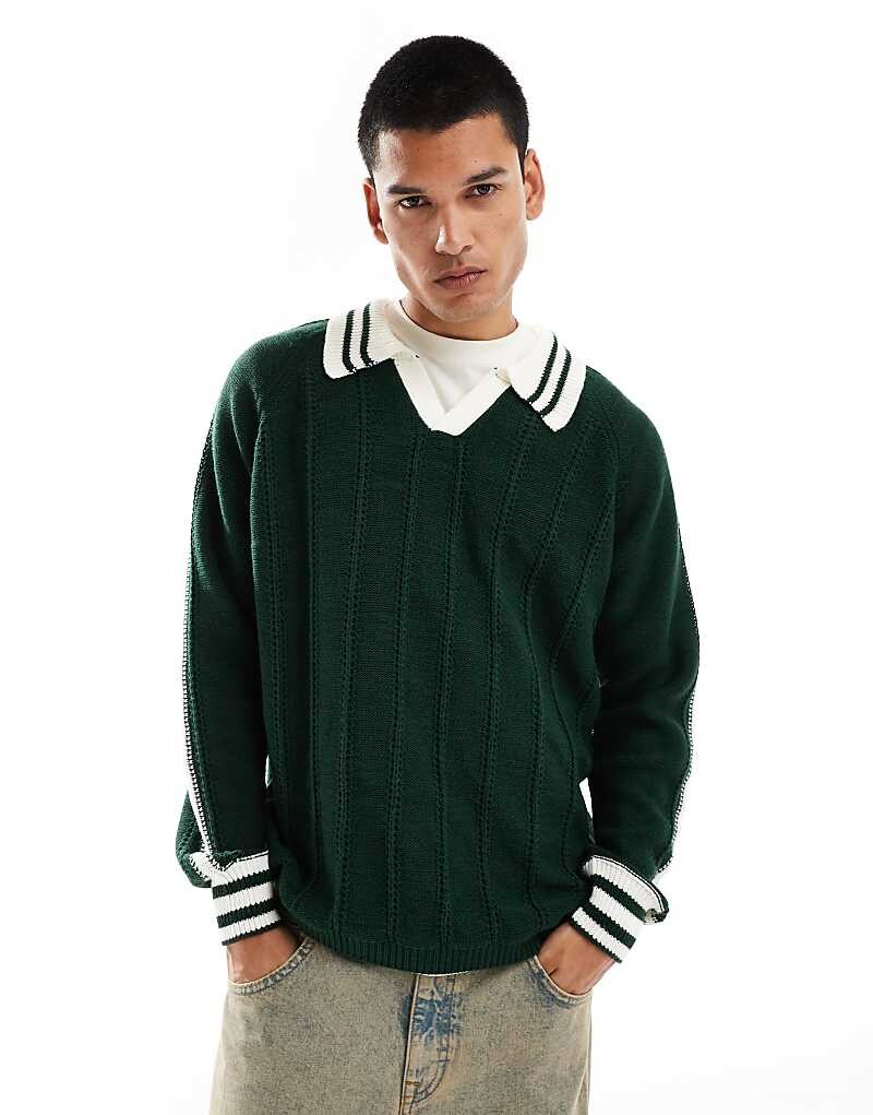 

Темно-зеленый свитер-поло свободного кроя в рубчик ASOS DESIGN с окантовкой и декоративной строчкой