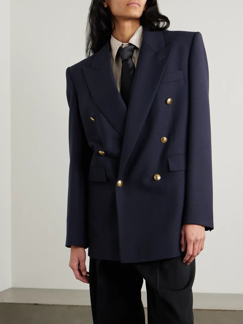 Удлиненный двубортный пиджак из шерсти grain de poudre SAINT LAURENT, синий — фото 3