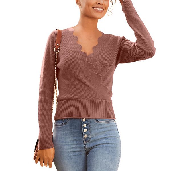 

Женский свитер с v-образным вырезом и ажурной каймой Lascana, Clay