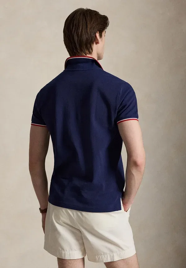 Повседневная приталенная сетчатая рубашка-поло Polo Ralph Lauren, цвет ньюпорт-нави/красный — фото 3