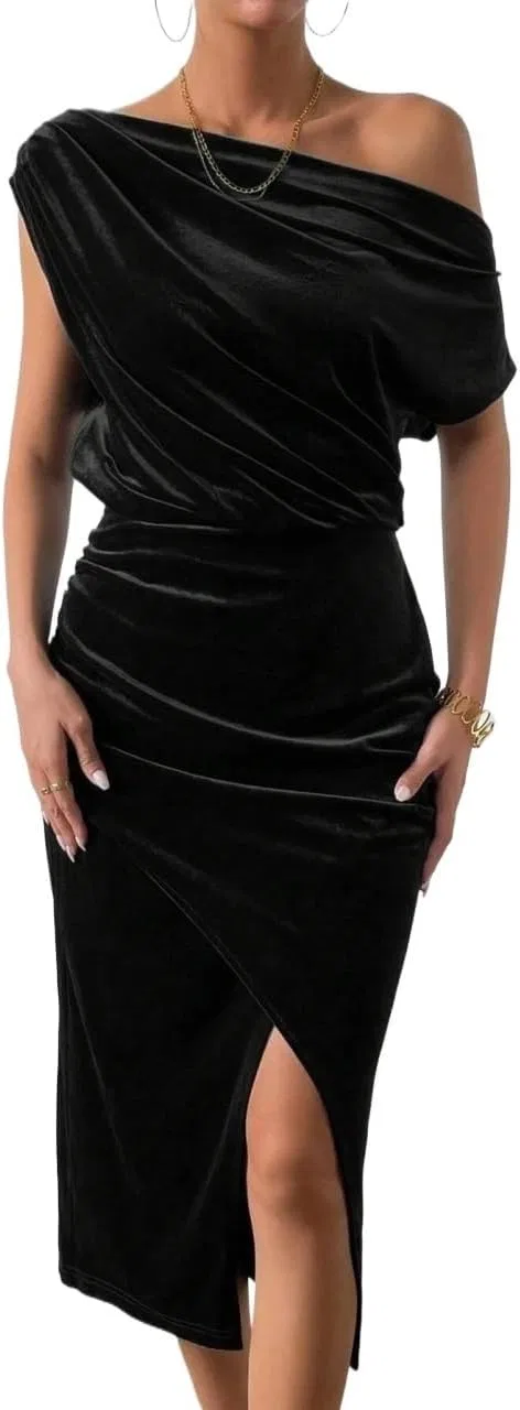 Женское облегающее платье с запахом миди Asymmetrical Neck, Black