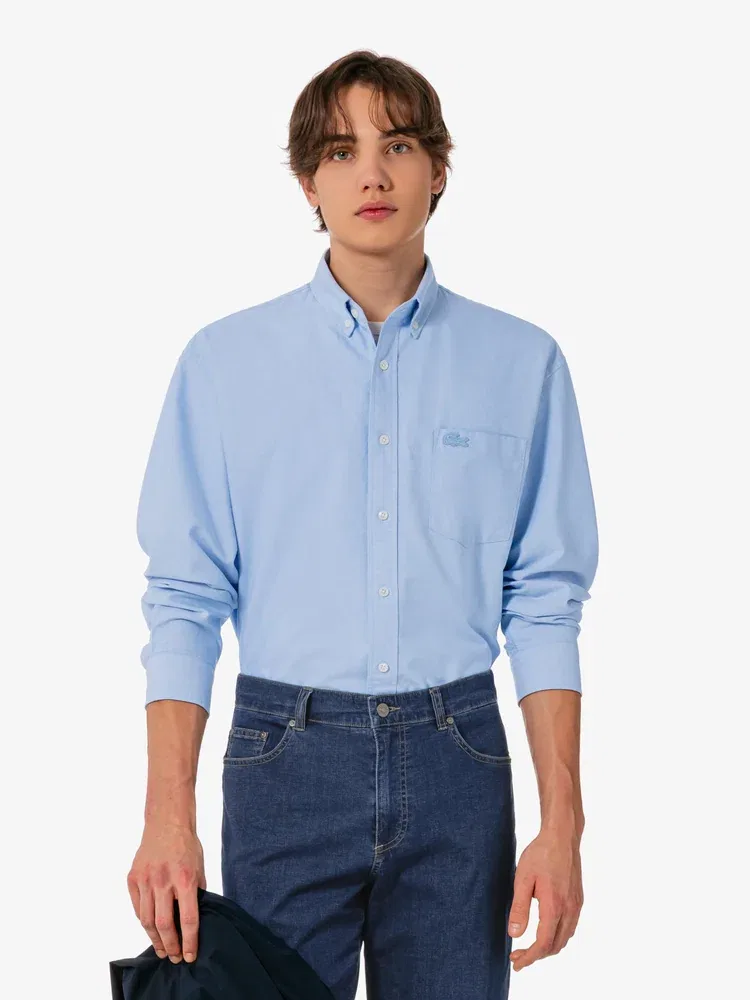 Рубашка длиннорукавная хлопковая Oxford Relaxed Fit LACOSTE, Light Blue