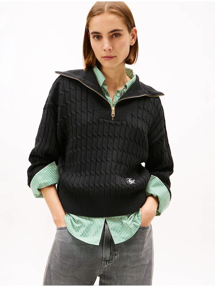 Свитер TOMMY HILFIGER с кабельным узором, полузастежка, Black