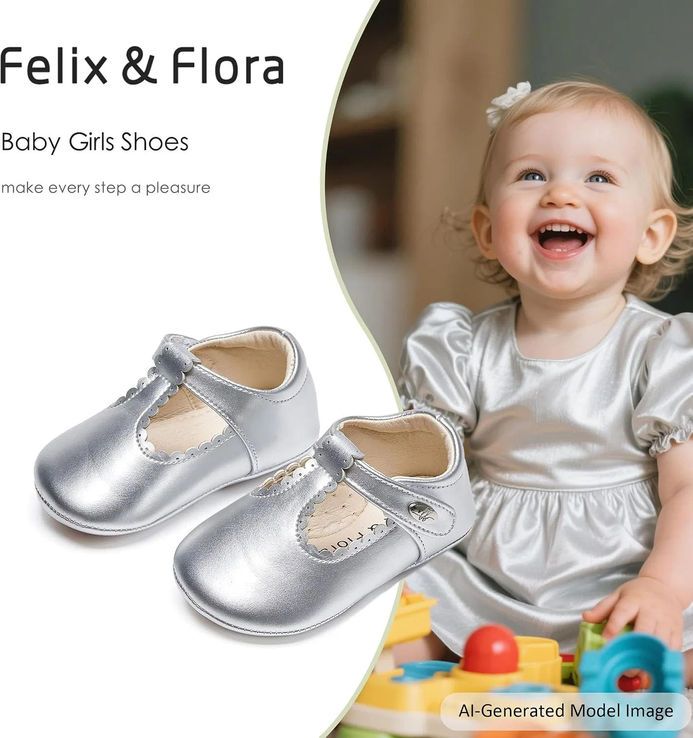 Детские балетки для девочек с мягкой подошвой Felix & Flora, Silver — фото 3