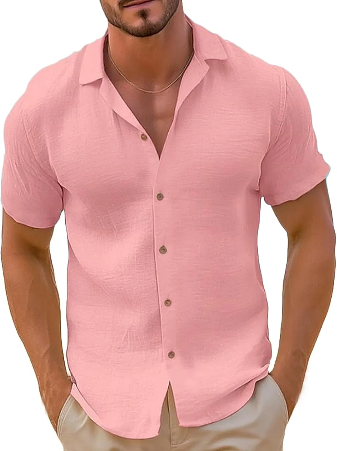 Мужская футболка с круглым вырезом Regular-Fit Short Sleeve Casual Linen Shirts, Pink