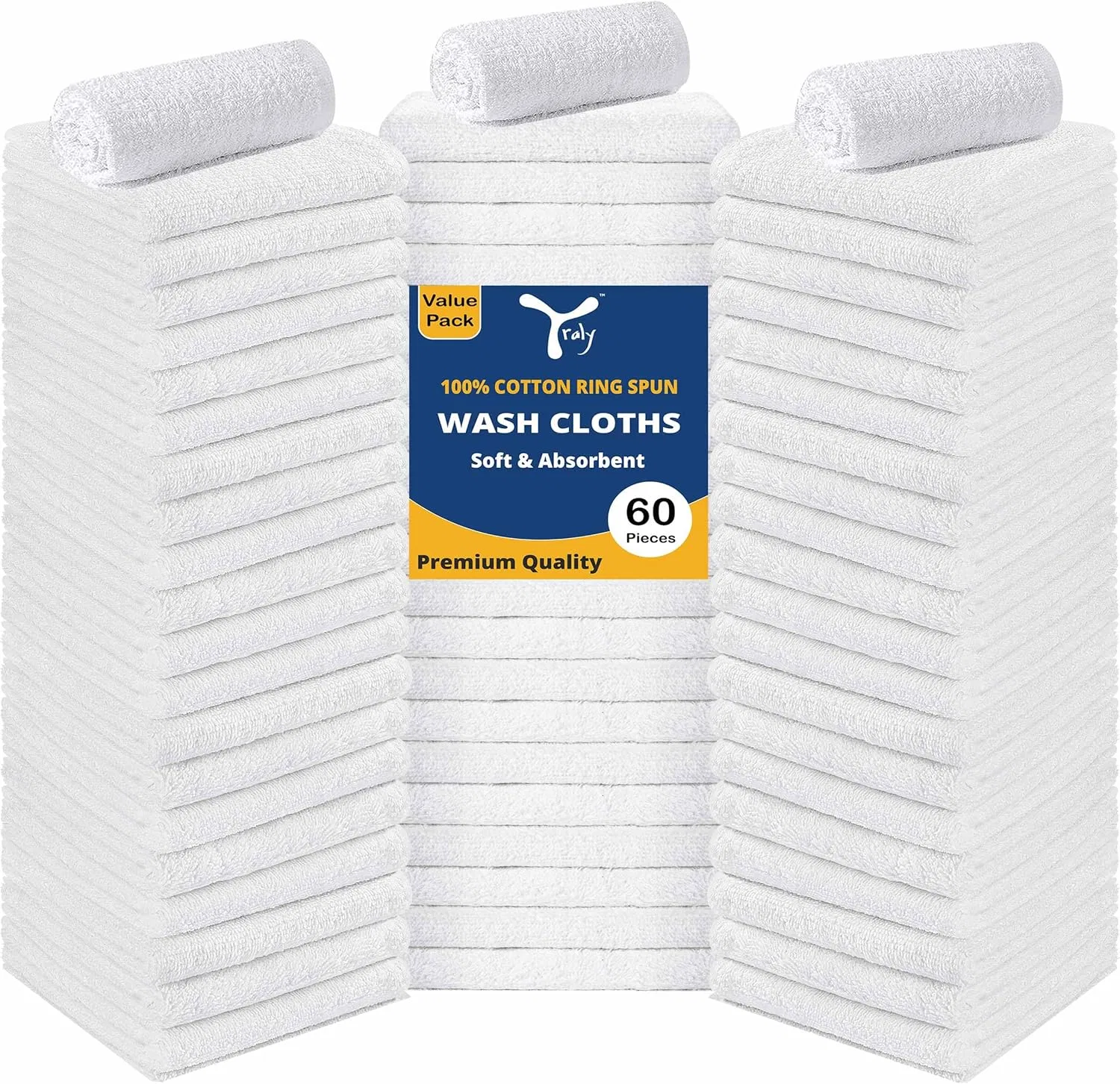Мочалка 30x30 см, YRALY, 60 штук, 100% хлопок, Белый