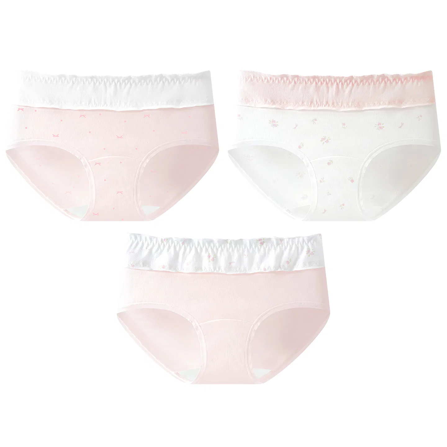 Детские трусы для девочек хлопковые с принтом Red bean, Fresh Floral Print Sweet Style, Цвет: 4 fresh pink bows + fresh pink + off-white flowers *2 — фото 3