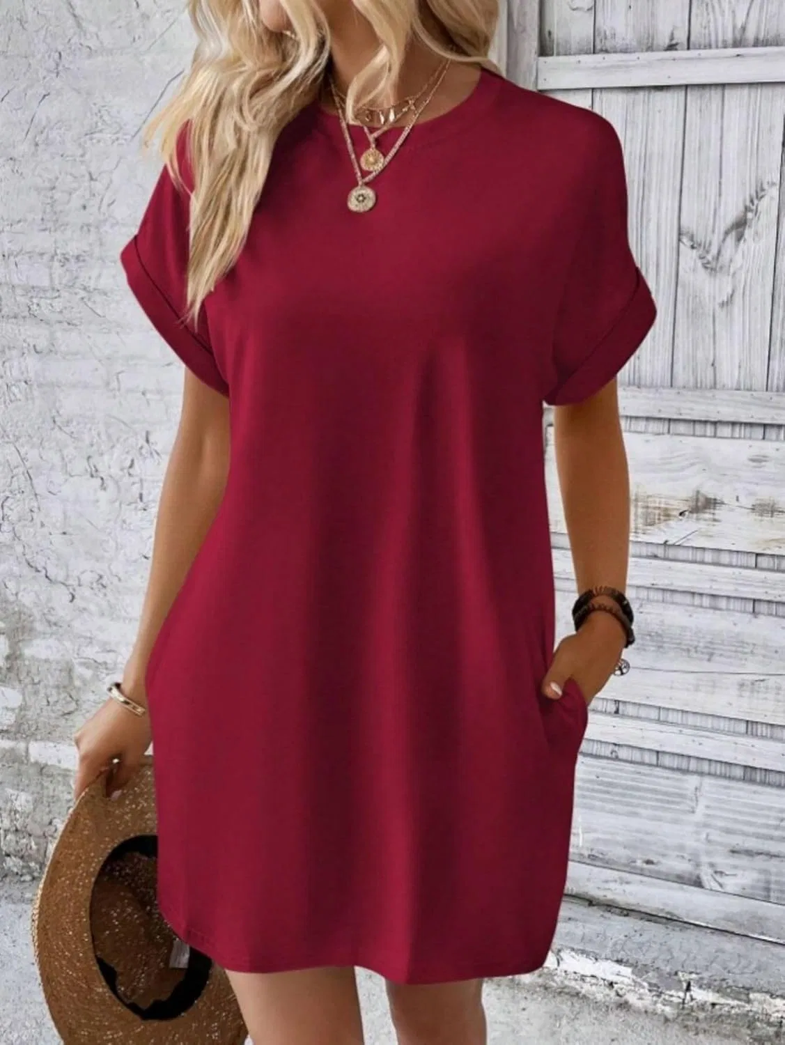 Женское платье-футболка А-силуэта с карманами Generic, Wine Red — фото 2