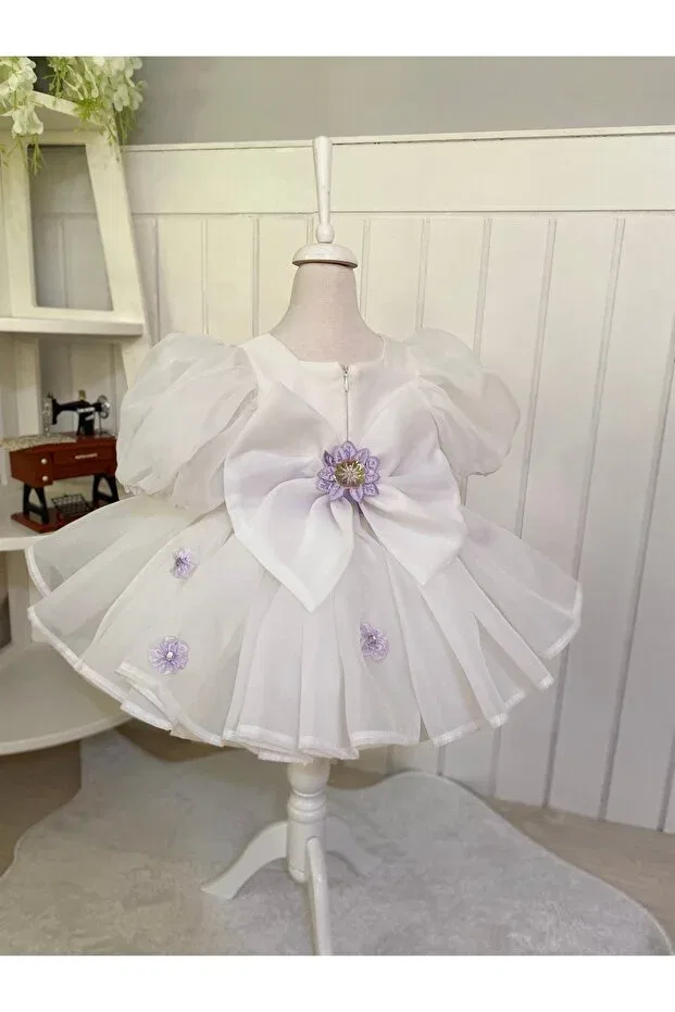 Детское платье для девочек с принтом Puffy bubble sleeve flower girl's dress Hobi, White-Lilac — фото 3