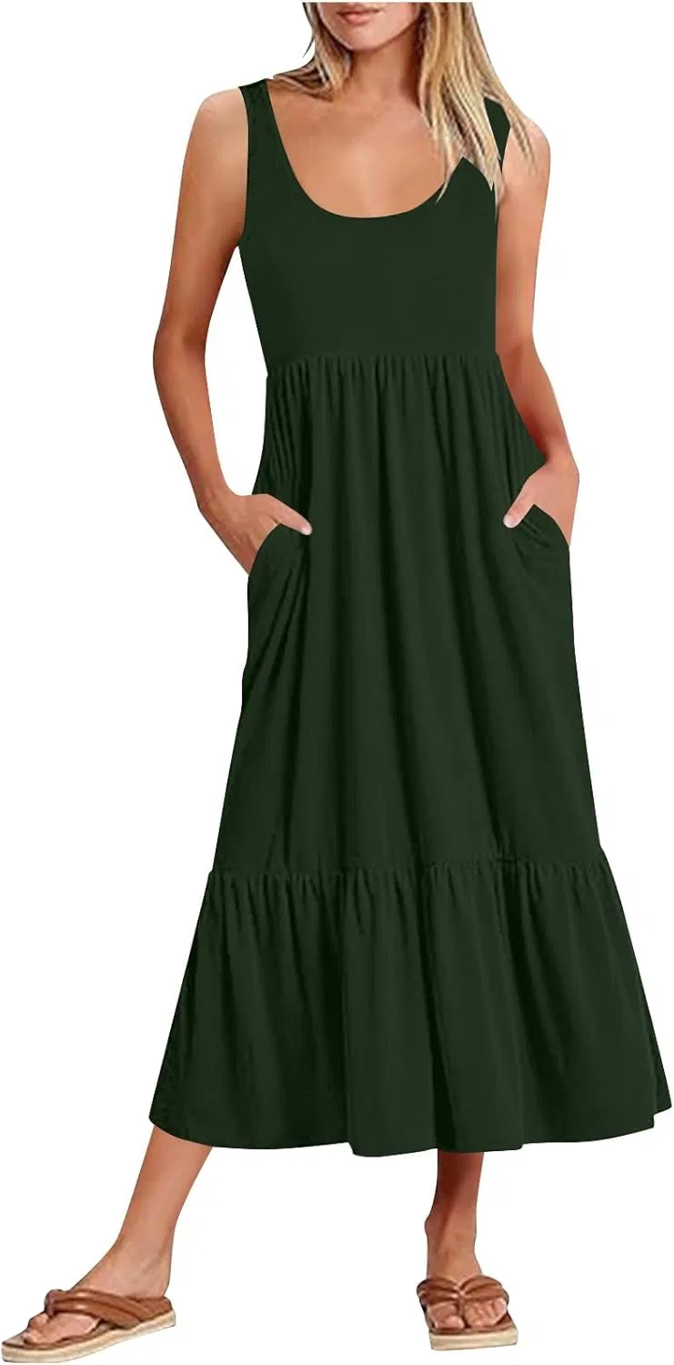 Женский летний сарафан миди с карманами, Army Green