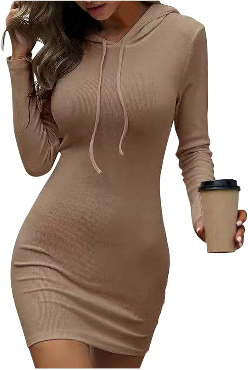 Женское облегающее платье-свитер с капюшоном Rib Knit, Brown