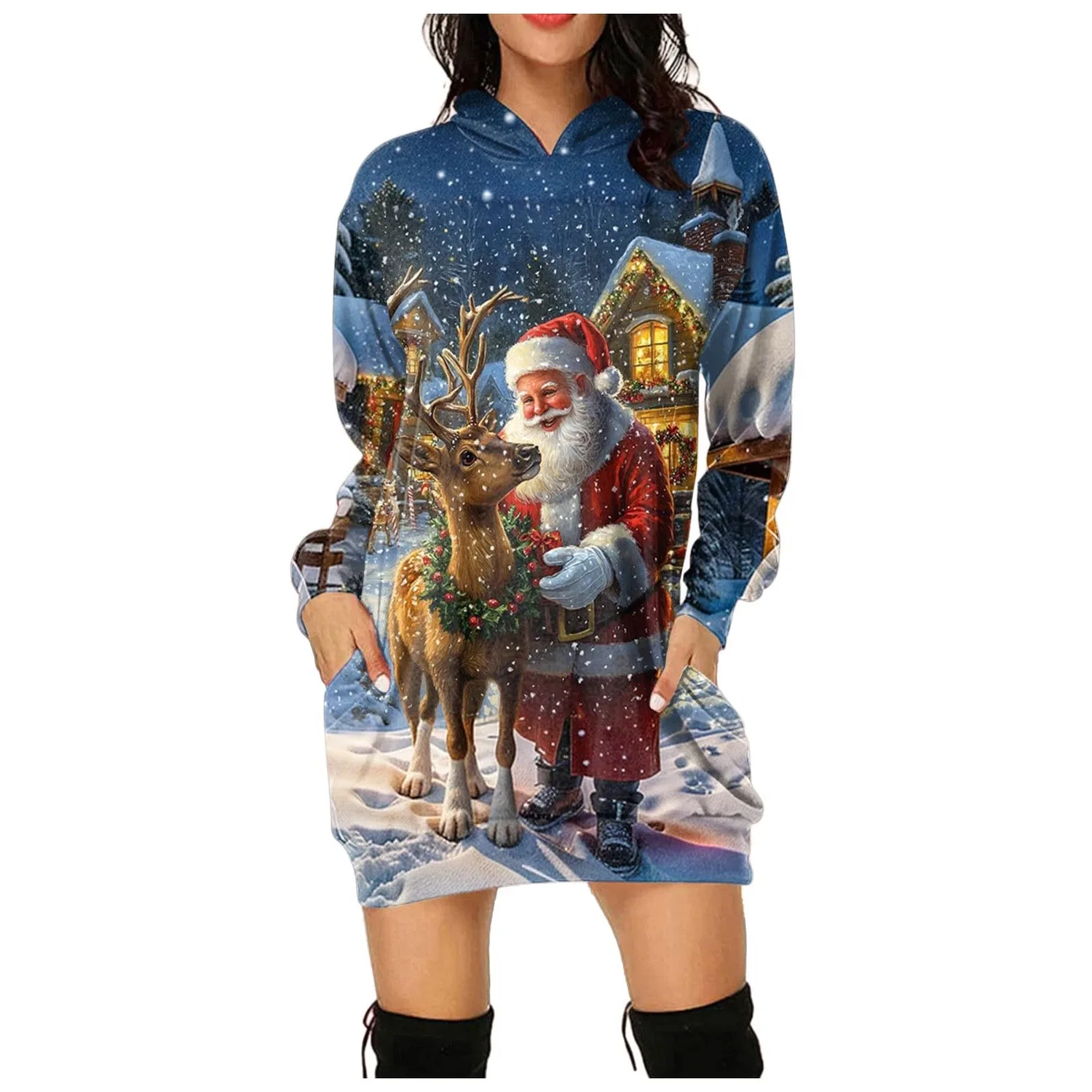 Женское худи с капюшоном с принтом Reindeer Snowman, purple