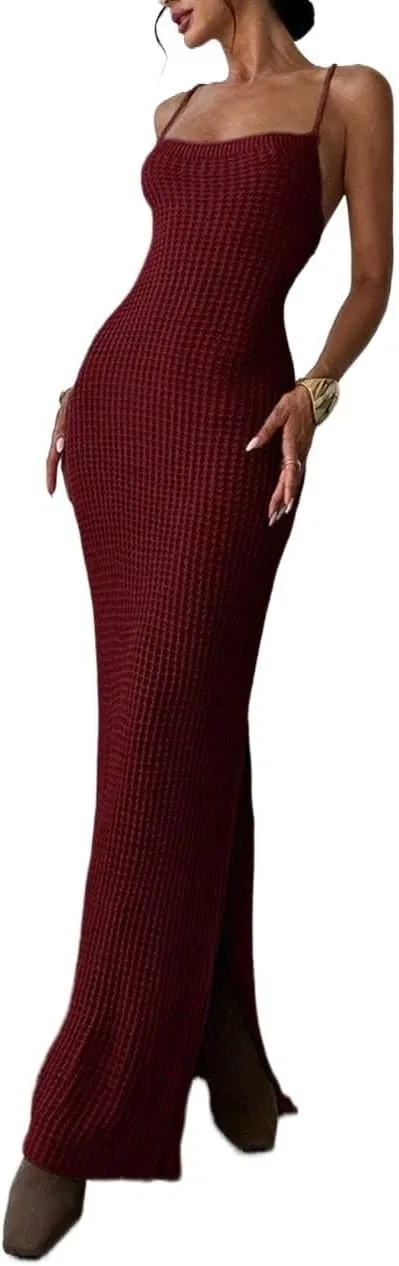 Женское сексуальное платье с открытой спиной и разрезом Knit, Burgundy