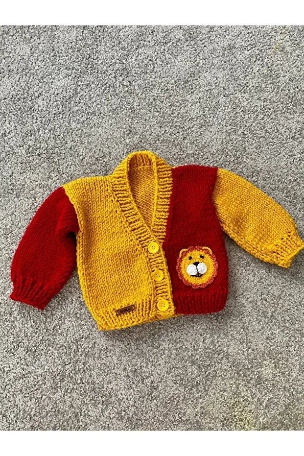 Детский кардиган для мальчиков с принтом Hand Knitted Yellow Red Lion Detailed Nevalin, Yellow-Red — фото 2