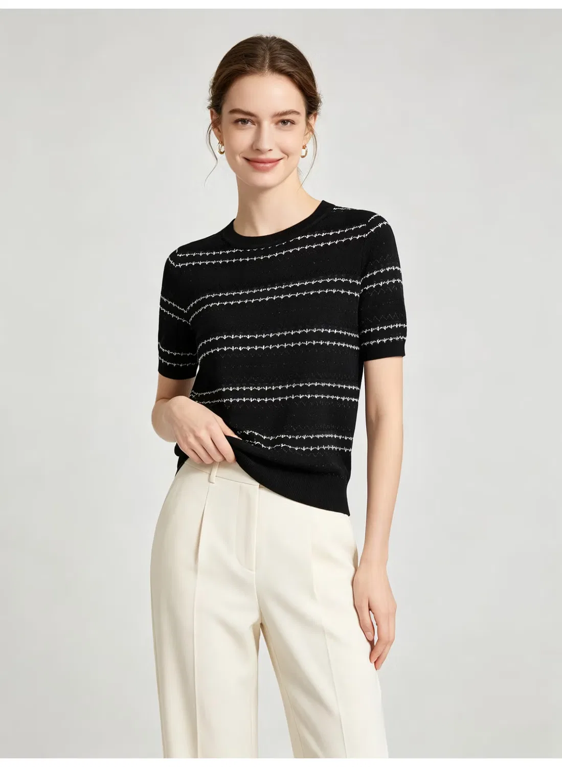 Топ трикотажный с коротким рукавом с полосатым принтом Zara, черный