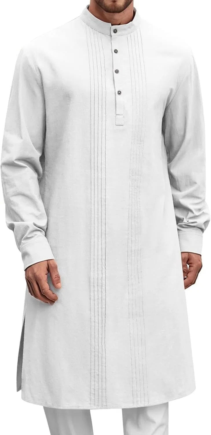 Мужская рубашка-кафтан с длинным рукавом, Cotton Linen, белый