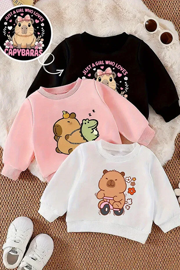 Детские свитшот для девочек с принтом Capybara printed 3-piece premium crew neck sweatshirt 24497 Myada, Colored