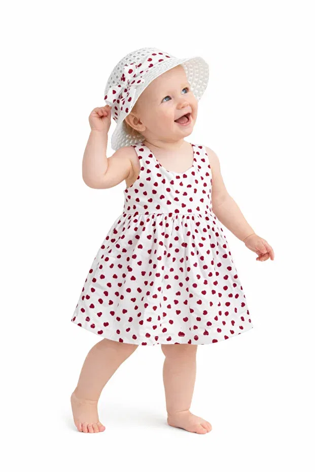 Детское платье для девочек с принтом Tatl baby girl heart patterned strap dress and hat set Chicsy Baby, Red — фото 3
