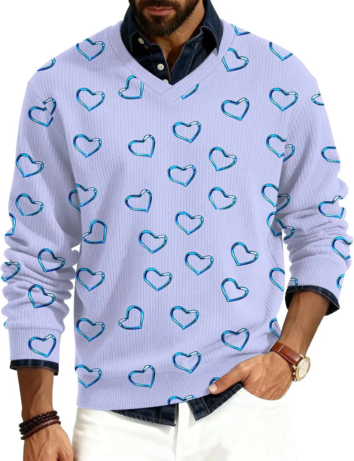 Мужской V-образный свитер с сердечками, Light Blue