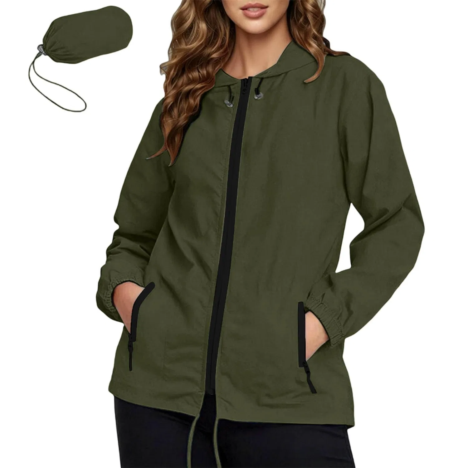 Женская легкая куртка с капюшоном и молнией, verde militare