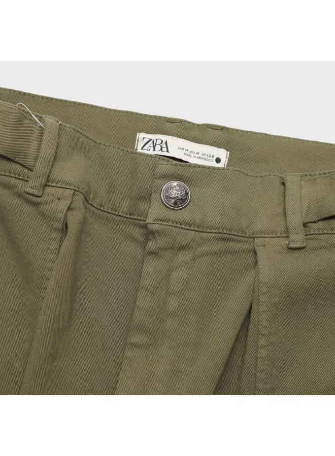 Брюки с утягивающим поясом и карманами Zara, оливковый — фото 4