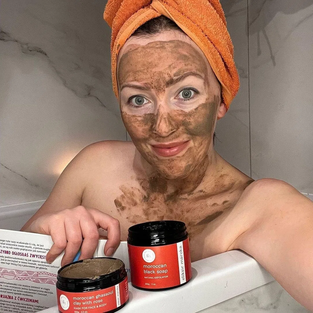 Набор для хаммама, eliksir maroka, 5 предметов, Black Soap 100g, Rhassoul Clay 100g, Argan Oil 30ml, Rose Water 100ml, Kessa Glove — фото 3