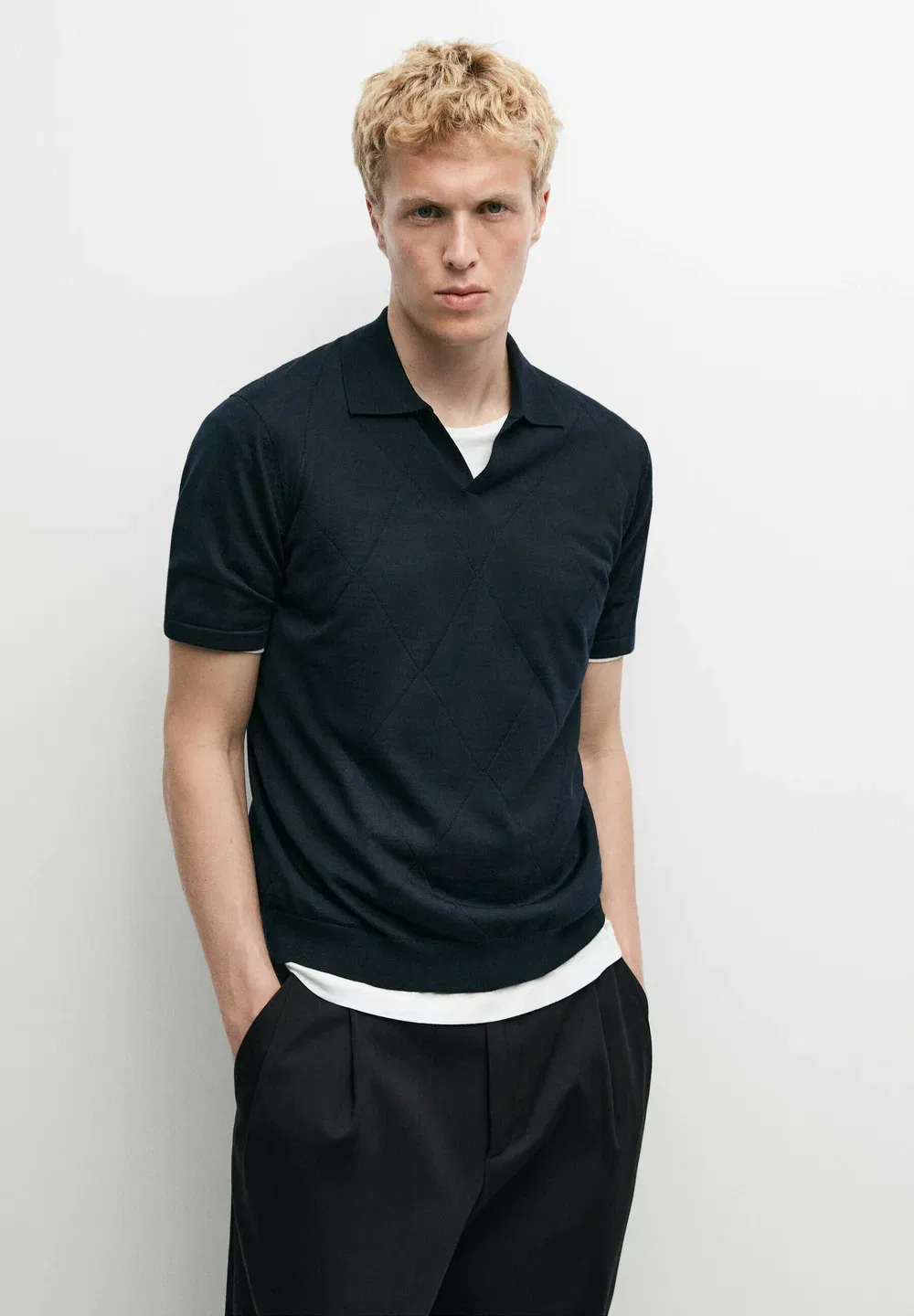 Вязаный поло-свитер с ромбовидным узором - рубашка поло Massimo Dutti, Dark Blue