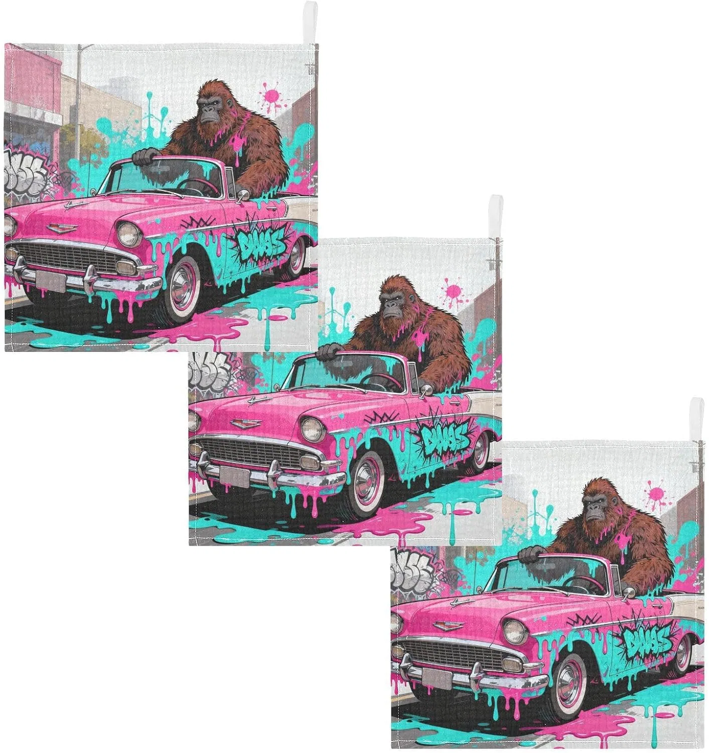 Марлевая салфетка для лица, 100% хлопок, GuoChe, набор 5 шт., 30x30 см, Gorilla Pink Car Graffiti Street — фото 2