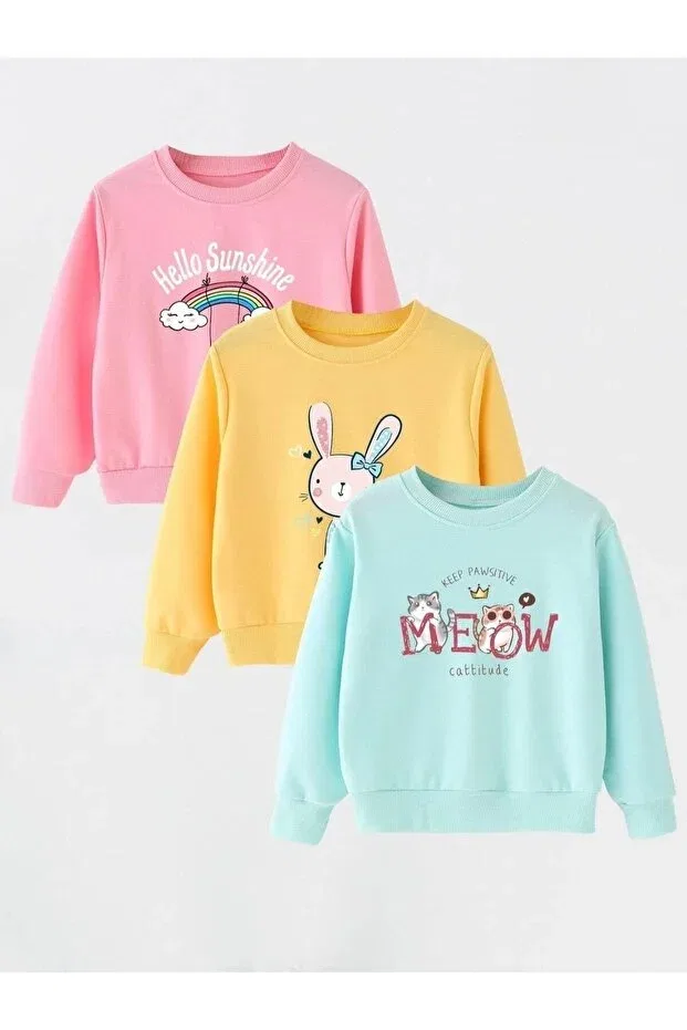 Детский комплект свитшотов для девочек Colorful hello sunshine / rabbit / meow cat printed set of 3 crew neck 3 thread children's sweatshirts Novibe, Pink Yellow Turquoise