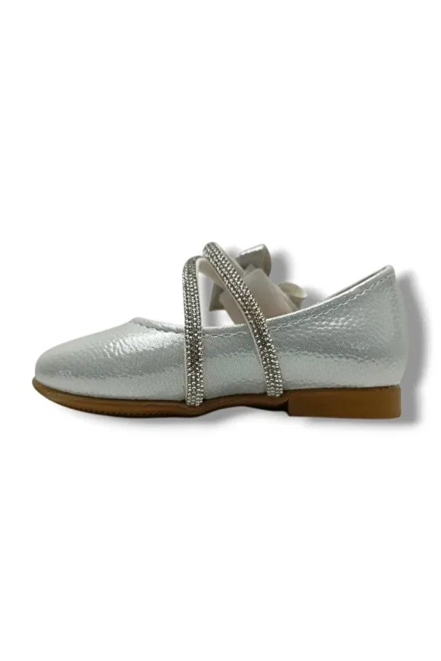 Детские балетки для девочек кожаные 7050-26 printed leather stoned double-strapped girls' ballerinas 21-25 Iremsu, Silver — фото 3