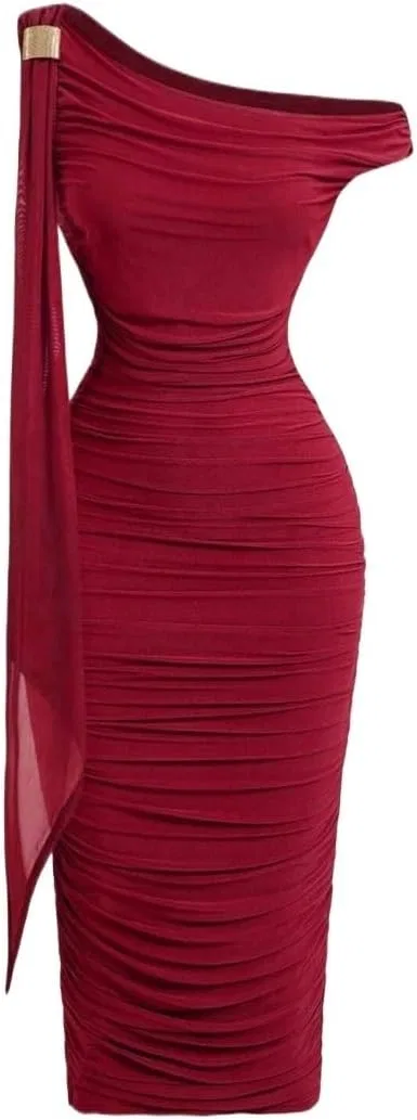 Женское элегантное платье миди bodycon с асимметричным вырезом Generic, Burgundy