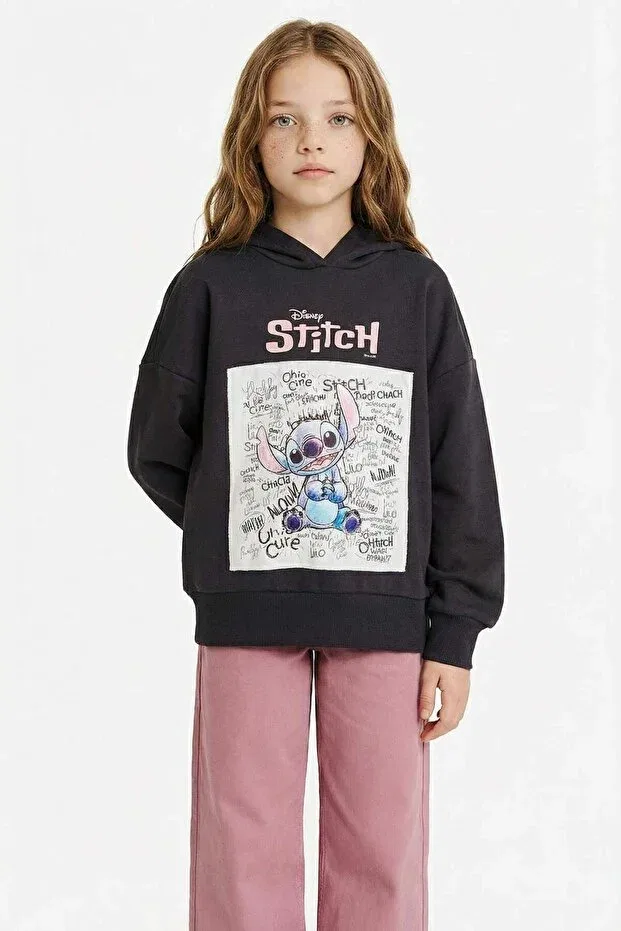 Детские свитшот для девочек оверсайз с принтом Disney Lilo & Stitch Oversize Wide Fit Hooded Soft Fleece Defacto, Anthracite-Ar1 — фото 2