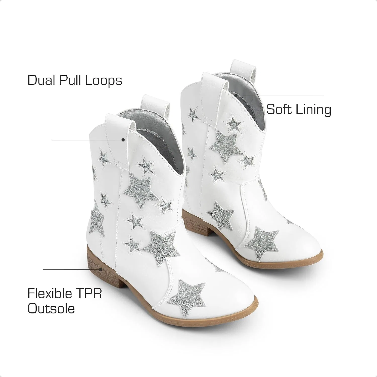 Детские сапоги для девочек с блестками и звездами Cowboy DREAM PAIRS, White — фото 3