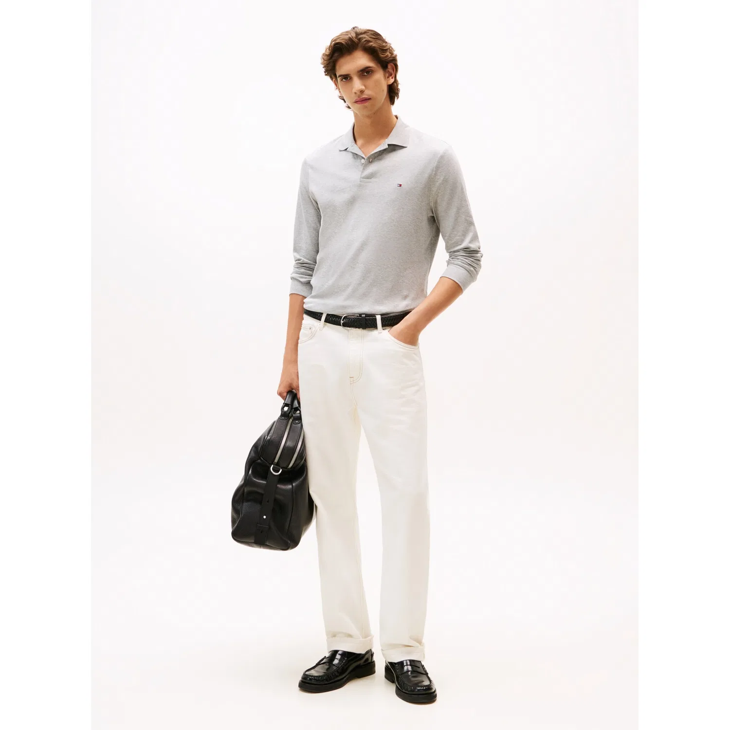 Мужское поло с длинным рукавом из жидкого хлопка Tommy Hilfiger, Light Grey Heather — фото 3