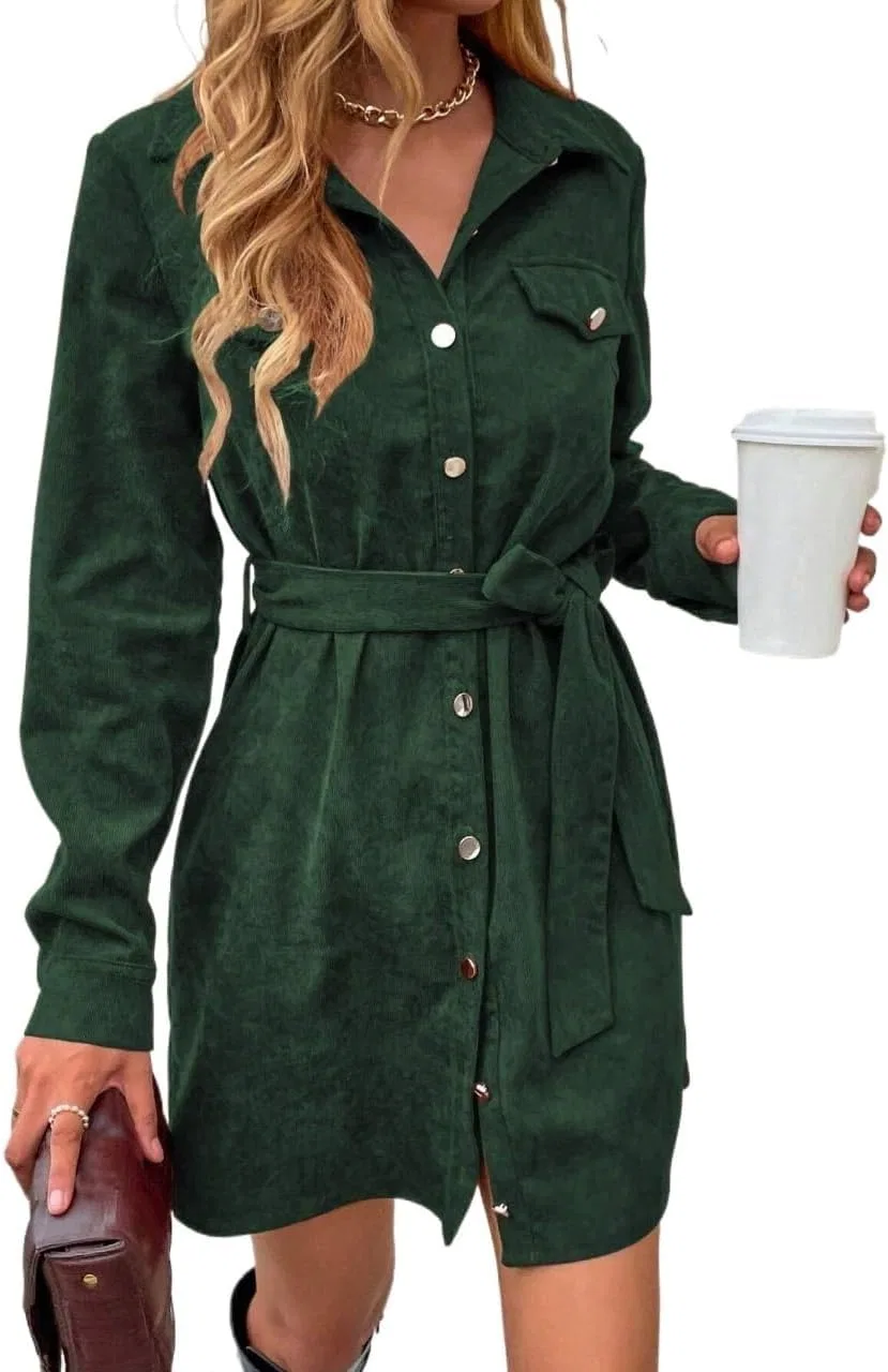Женское платье-рубашка из вельвета с поясом, Dark Green