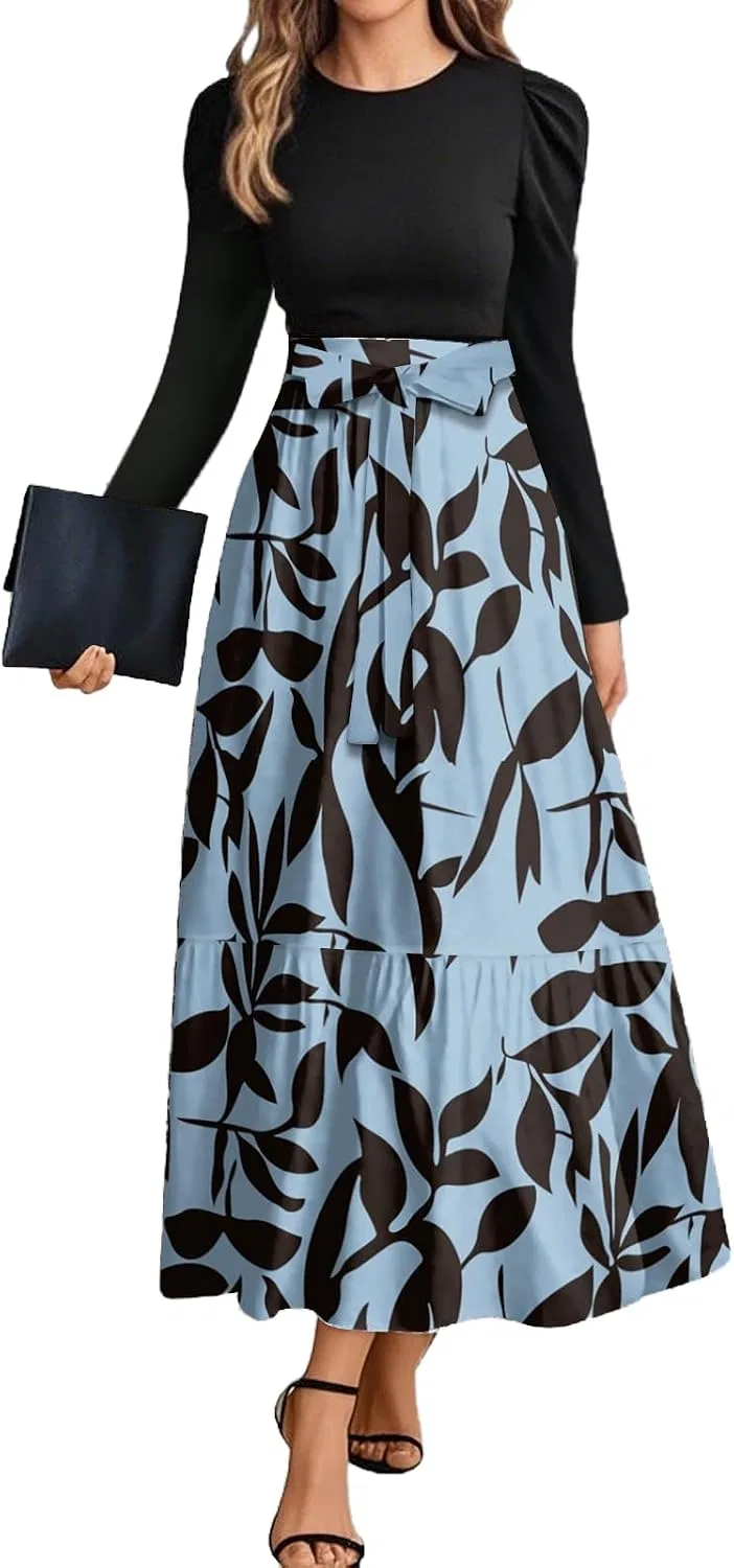 Женское платье макси с принтом Puff Sleeve Tie Waist, Blue