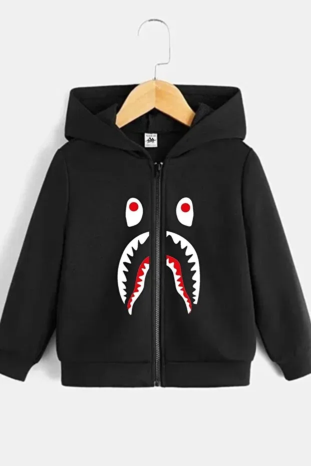 Детское худи для девочек с принтом Bape Printed Oversize Winter Hooded Cardigan Jacket Hoodie Novibe, Blackzipperb