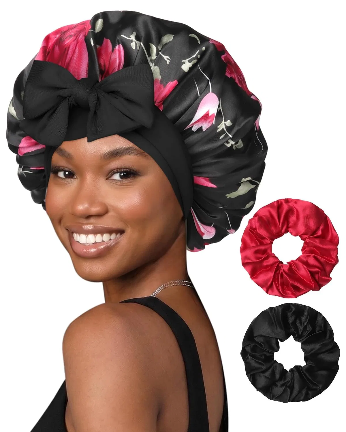 Шапочка для душа Satin Sleep Bonnet, CHLINS, черный цветок и черный